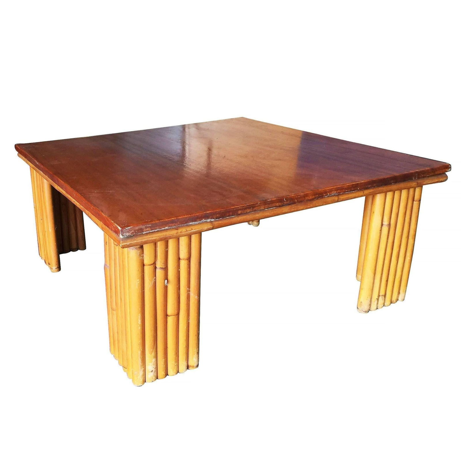 Restored Two-Tier Stacked Rattan Leg Corner Table W/ Mahogany Top - 18