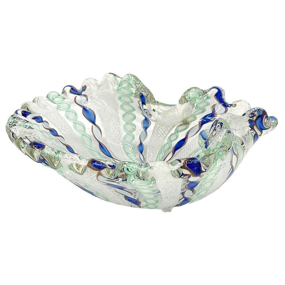 MCM Zanfircio Murano Art Glass Shell Dish Green Latticino Ribbons by Salviati - 10