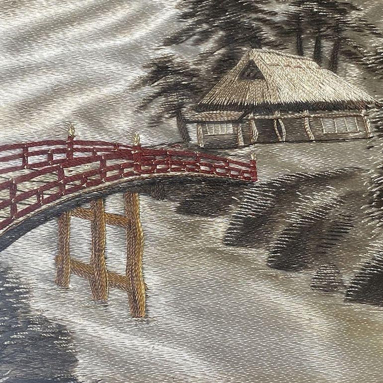 Three Chinese Silk Embroidery Tapestry Art Tropical Landscape in Rattan Frames - 10