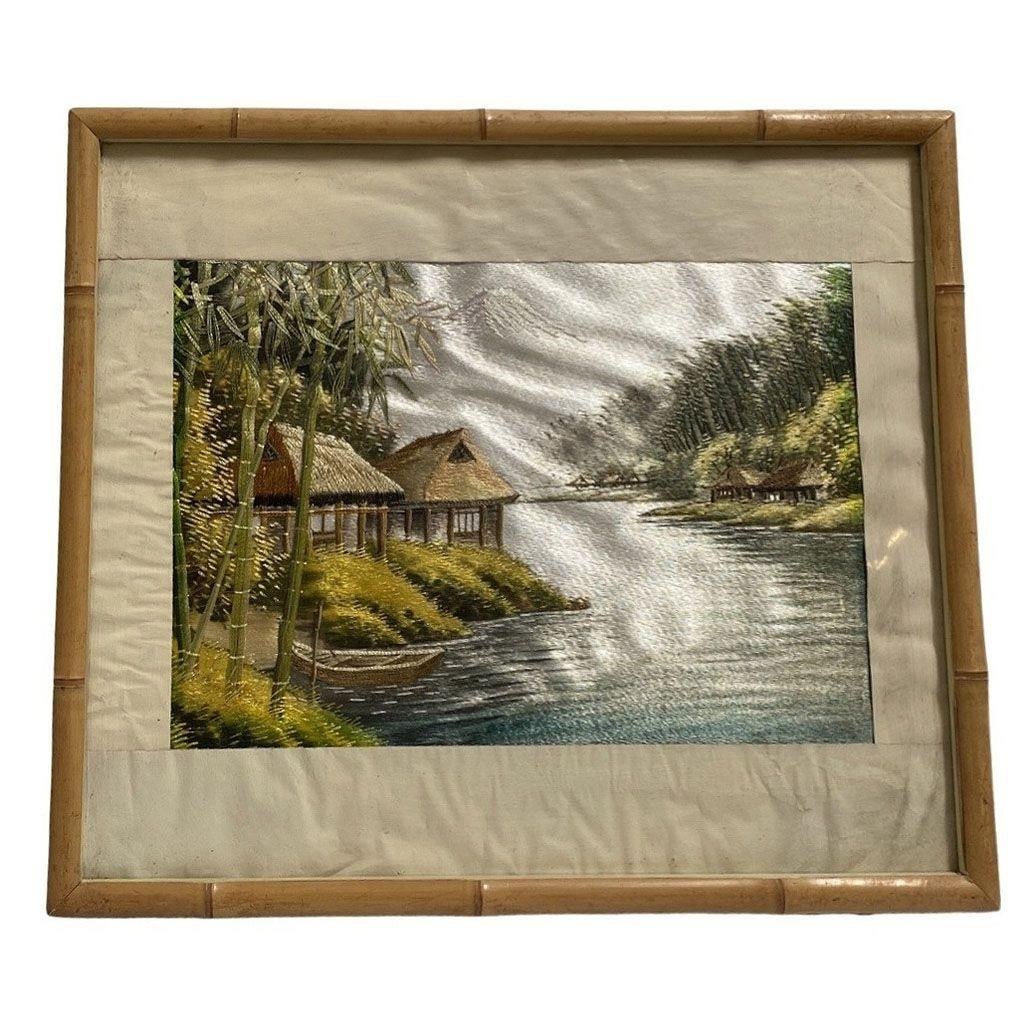 Three Chinese Silk Embroidery Tapestry Art Tropical Landscape in Rattan Frames - 14