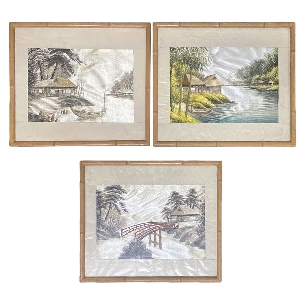 Three Chinese Silk Embroidery Tapestry Art Tropical Landscape in Rattan Frames: Title: Three Chinese Silk Embroidery Tapestry Art Tropical Landscape in Rattan Frames Description: Set of 3 Mid-century era Chinese Silk Embroidery Tapestry Art of Tropical Landscape in Rattan