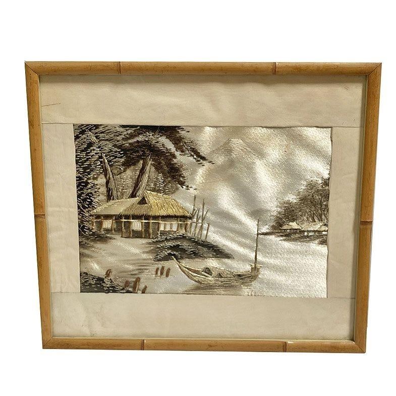 Three Chinese Silk Embroidery Tapestry Art Tropical Landscape in Rattan Frames - 20