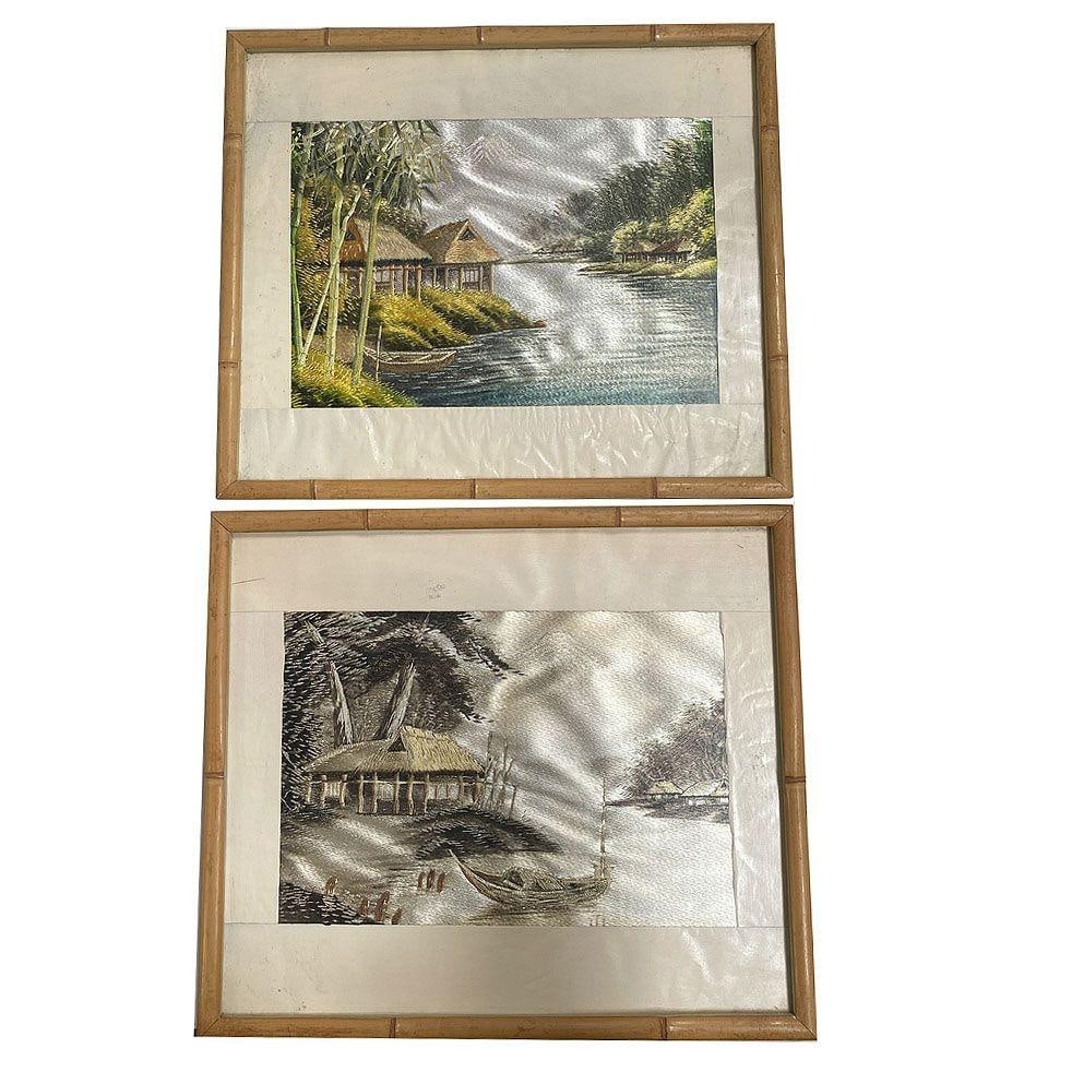 Three Chinese Silk Embroidery Tapestry Art Tropical Landscape in Rattan Frames - 8