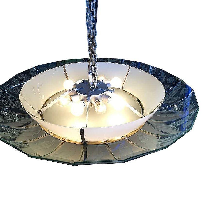 Modernist Tropical Etched Slat Glass Bowl Bronze Chandelier - 11