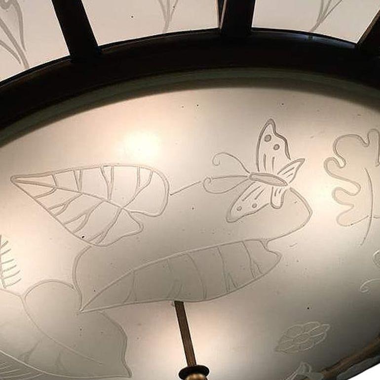 Modernist Tropical Etched Slat Glass Bowl Bronze Chandelier - 5