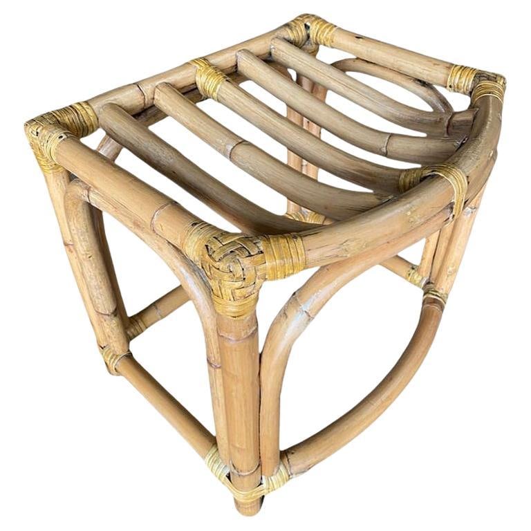 Restored Mid-Century Three-Strand Ladder Top Rattan Vanity Stool: Title: Restored Mid-Century Three-Strand Ladder Top Rattan Vanity Stool Description: This beautifully restored Paul Frankl-inspired rattan ladder-top vanity stool with three-strand quad-arched base. T