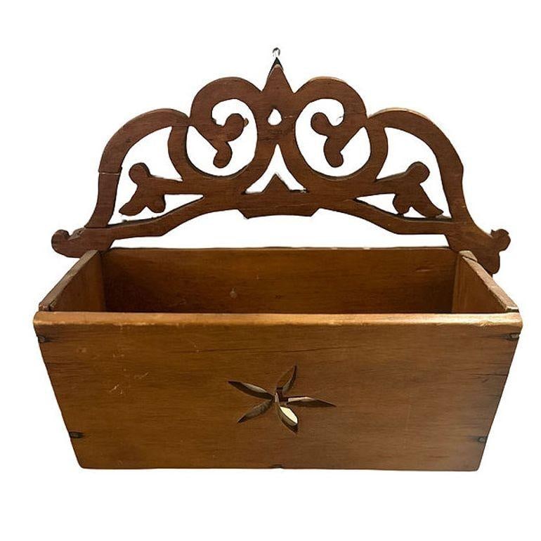 Vintage Hand Carved Edwardian Wooden Wall Mailer Mailbox w/ Star - 4