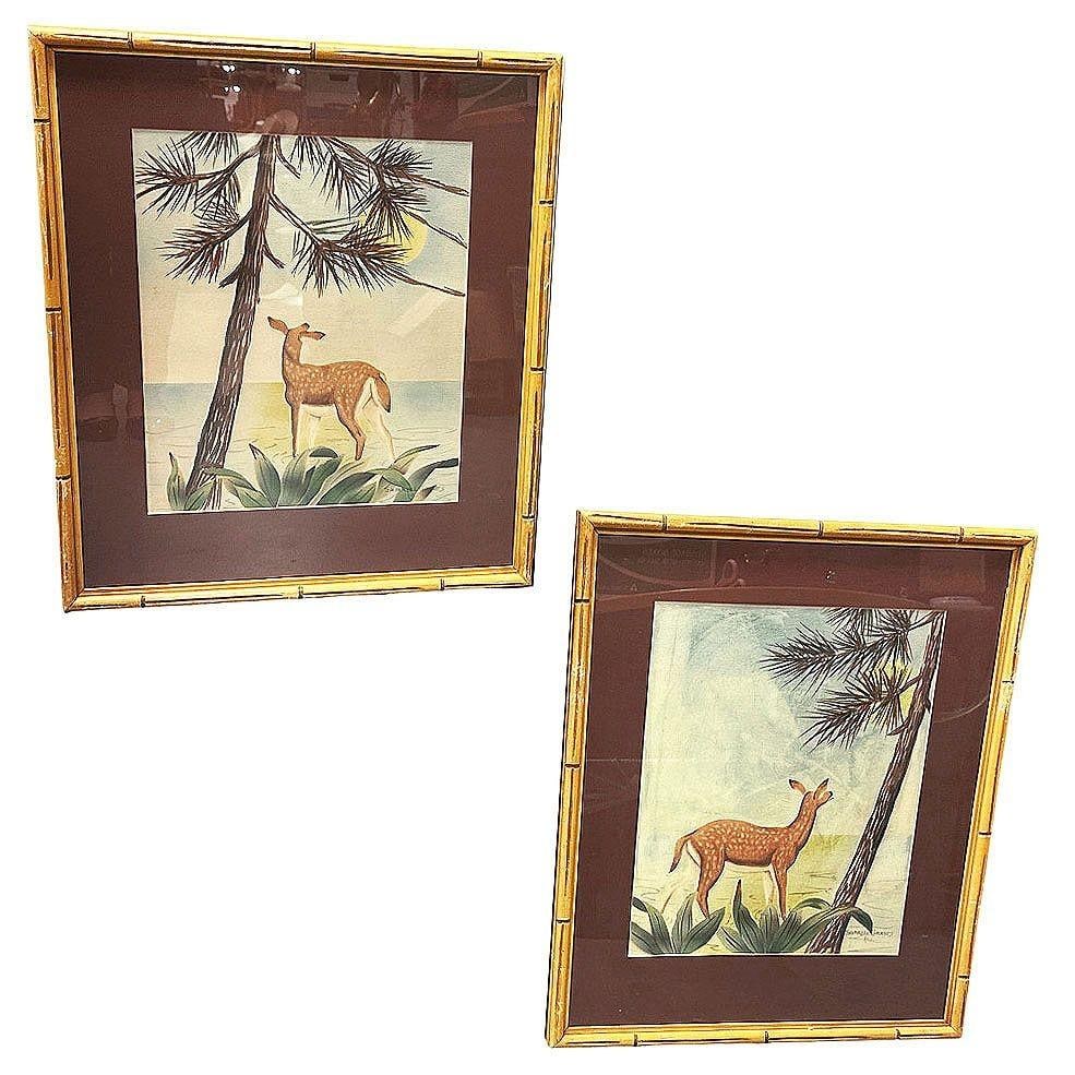 Deer Scenic Watercolor on Paper Signed by Shirrell Graves in Bamboo Frame, Pair - 14