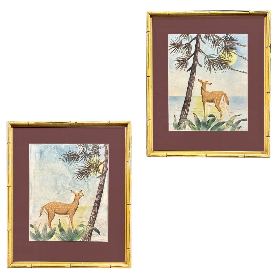 Deer Scenic Watercolor on Paper Signed by Shirrell Graves in Bamboo Frame, Pair - 7