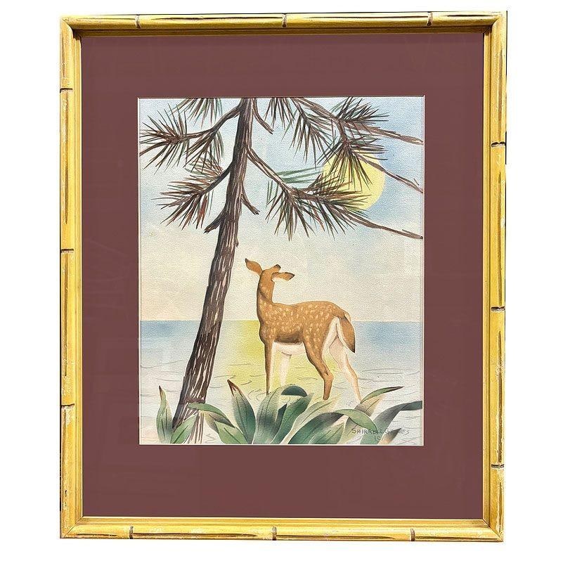 Deer Scenic Watercolor on Paper Signed by Shirrell Graves in Bamboo Frame, Pair - 9