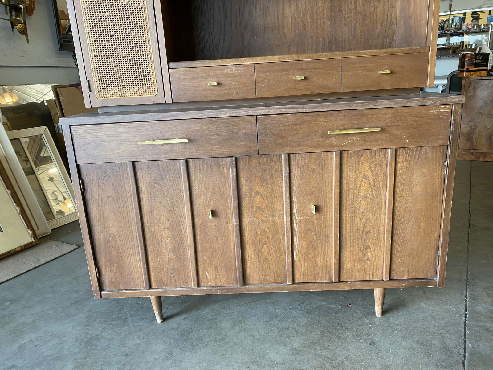 Midcentury Cupboard China Cabinet Shelf with Wicker Accents by Holman - 19
