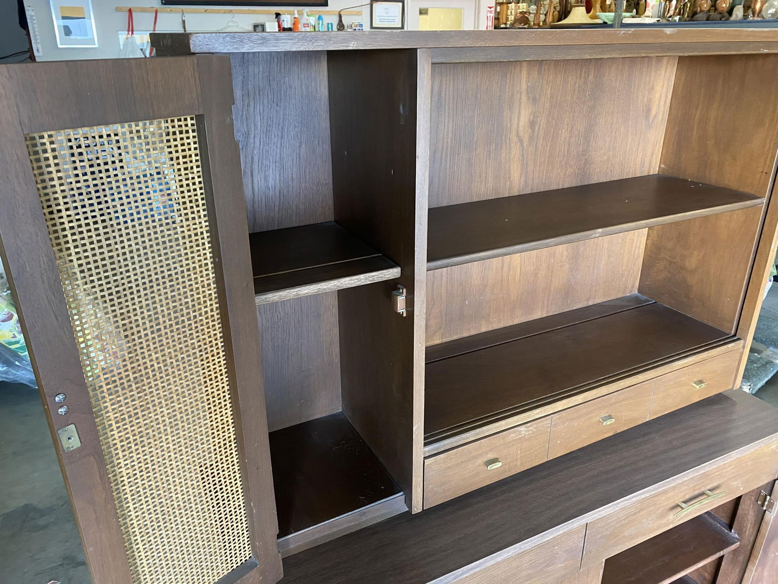 Midcentury Cupboard China Cabinet Shelf with Wicker Accents by Holman - 3