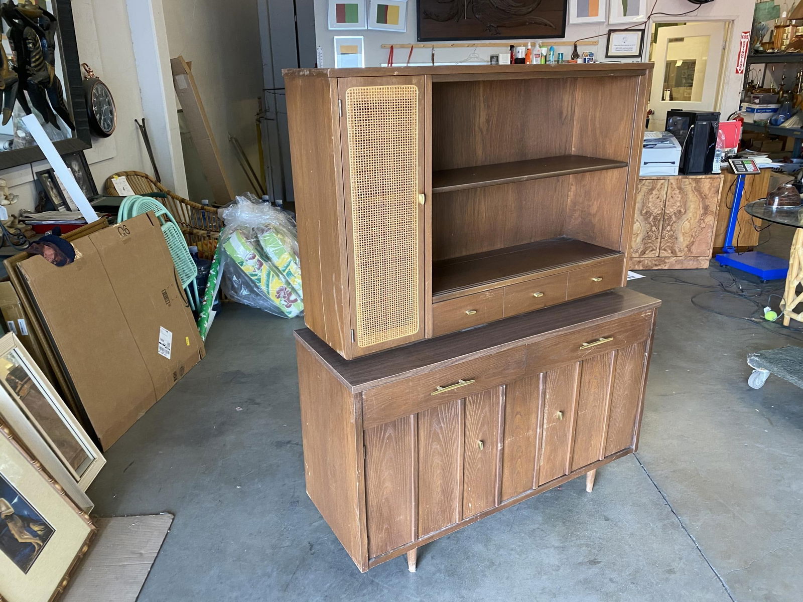 Midcentury Cupboard China Cabinet Shelf with Wicker Accents by Holman - 8