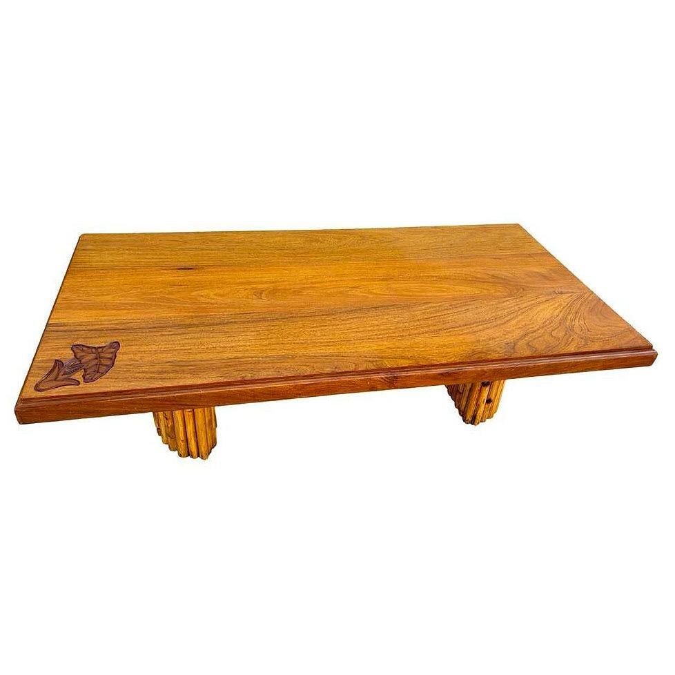 Mid-century Hand Carved Koa Wood Coffee Table w/ Stacked Rattan Legs - 11