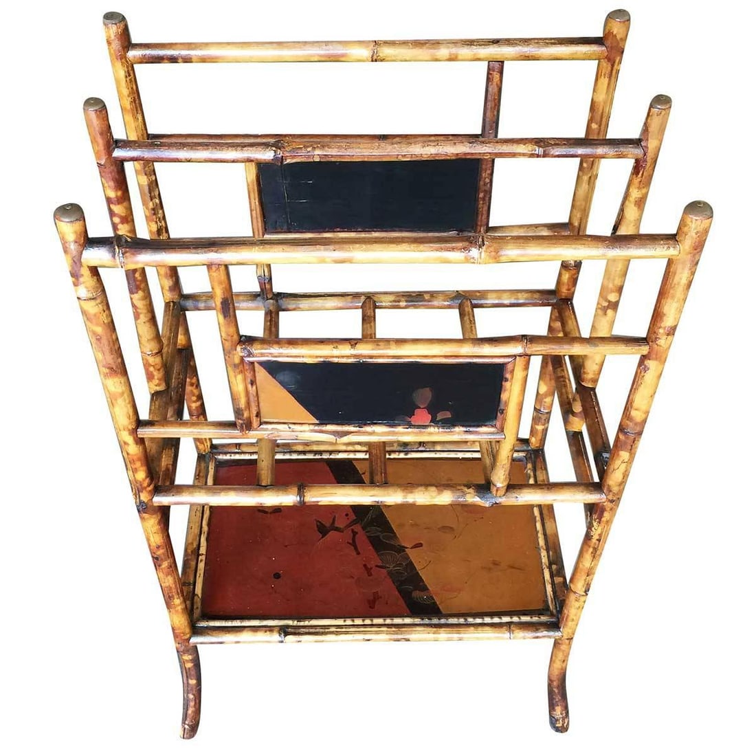 Restored Aesthetic Movement Large Two-Tier Tiger Bamboo Magazine Rack w/ Divider: Title: Restored Aesthetic Movement Large Two-Tier Tiger Bamboo Magazine Rack w/ Divider Description: Large two-tier antique tiger bamboo magazine rack with divider and bottom shelf for larger books. D