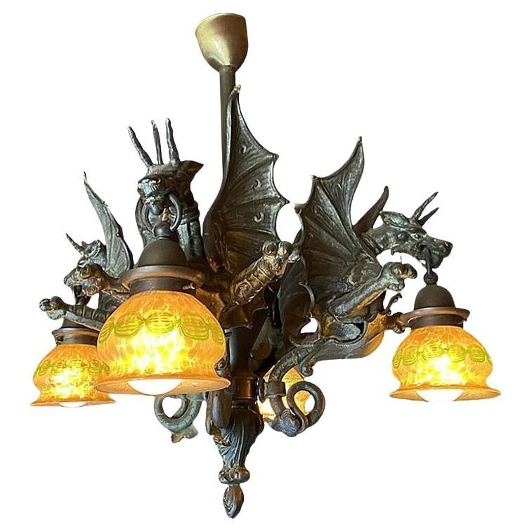 Edwardian Era Bronze Gothic Dragon Chandelier w/ Quezal Gold Iridescent Shades - 7