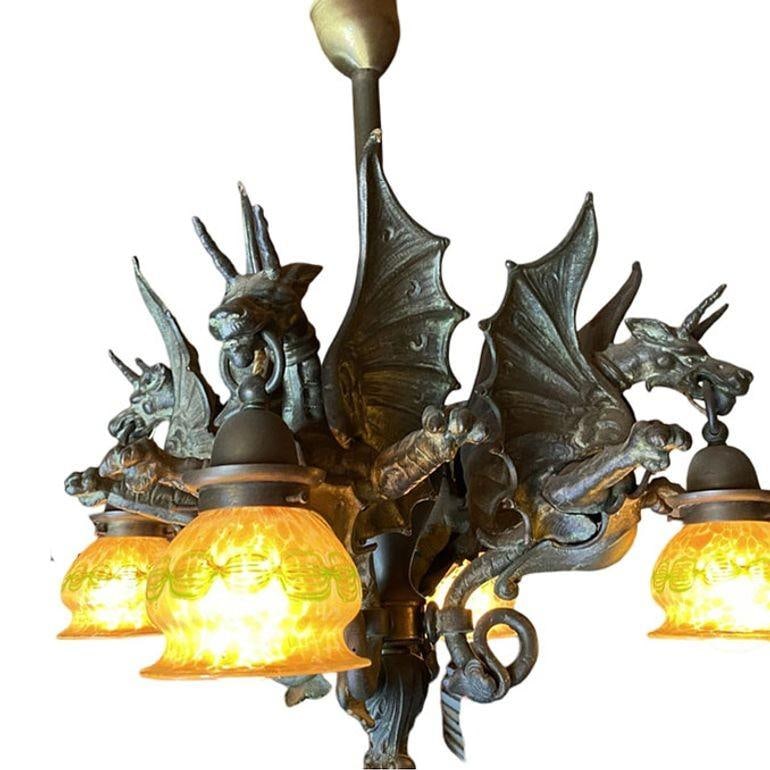 Edwardian Era Bronze Gothic Dragon Chandelier w/ Quezal Gold Iridescent Shades - 8