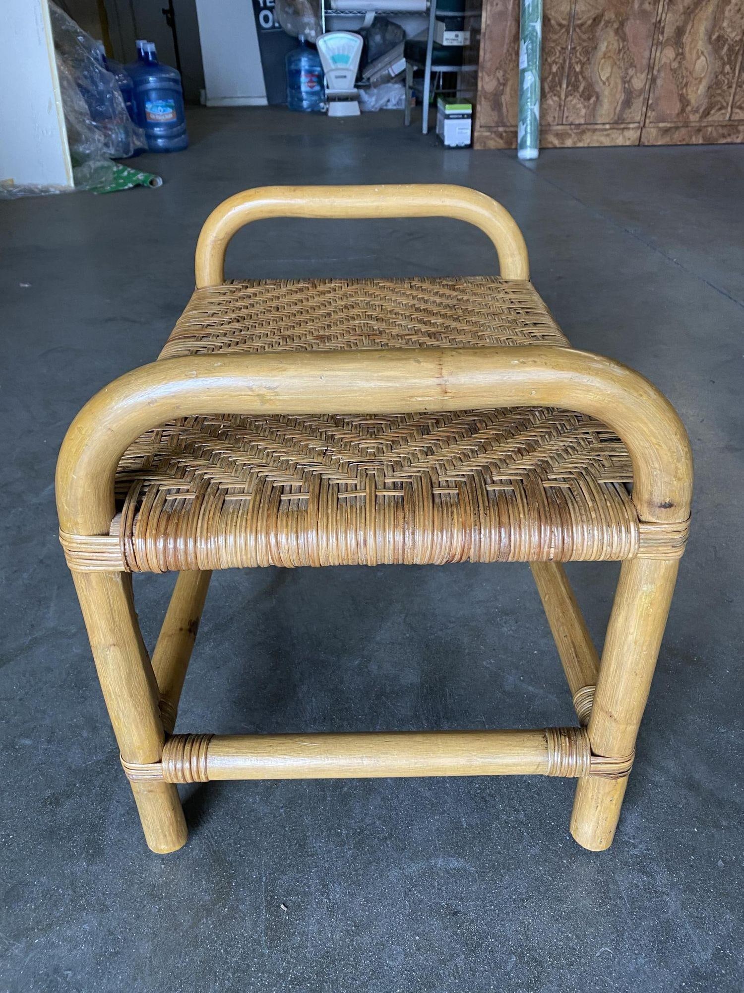 Restored Single Stand Rattan Staple Side Ottoman Stool W Woven Wicker Seat - 4