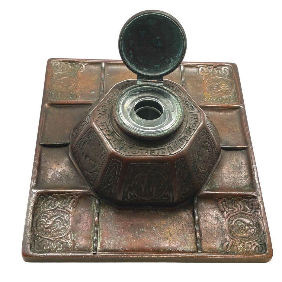 Art Nouveau Tiffany Studios Bronze "Zodiac" Pattern Inkwell on Tray #1078 - 2