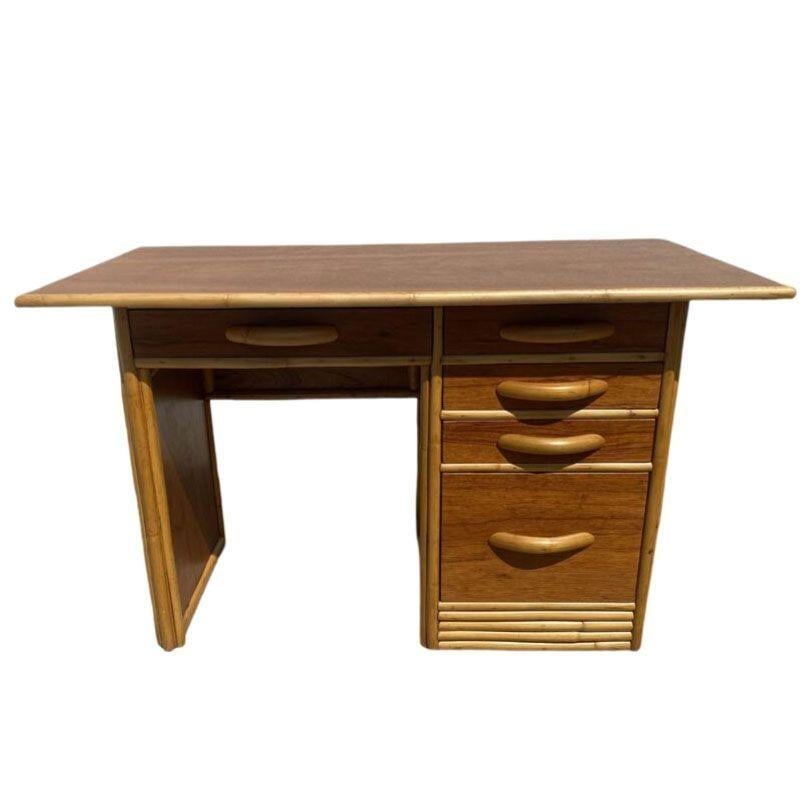 Restored Post-War Hawaiian Koa Wood Desk W/ Rattan Border - 8