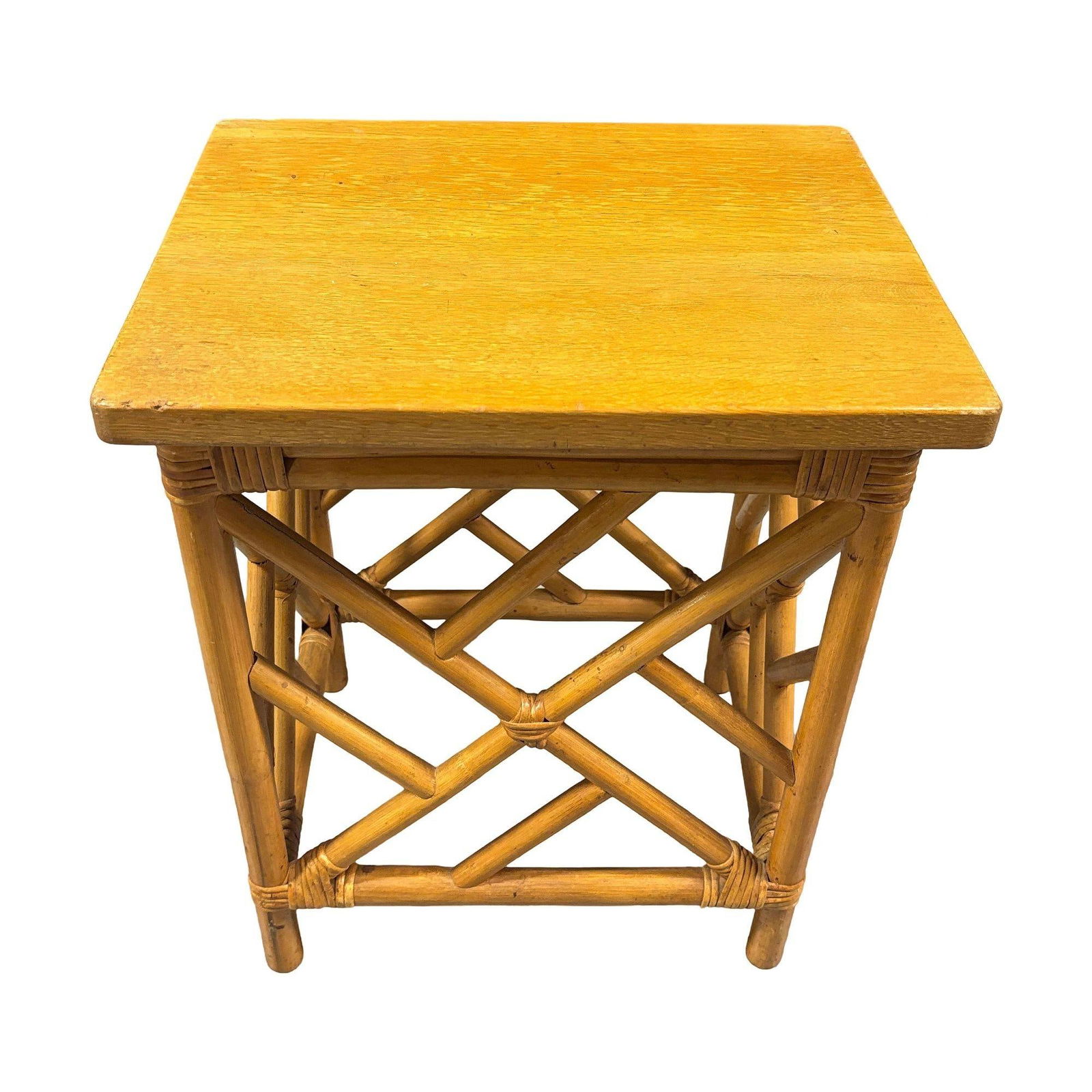 Restored Mid-Century Set of 3 Rattan Nesting Side Tables w/ Mahogany Top - 15