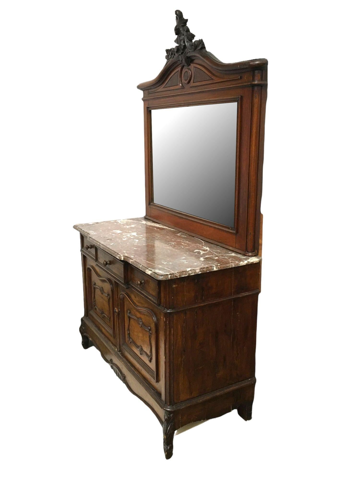 Louis XVI Solid Oak Dressing Vanity Table with Mirror and Marble Top - 20