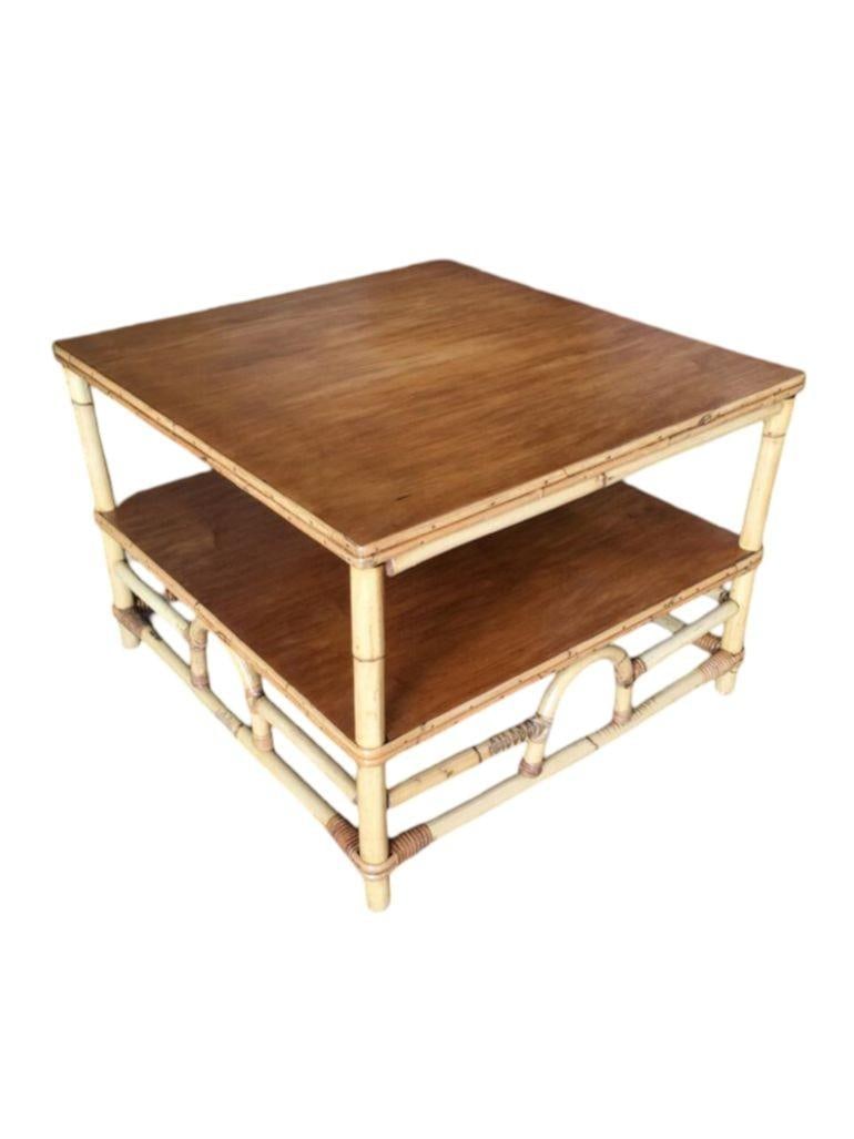 Restored Two-Tier Rattan "Center Horseshoe" Coffee Table W/ Mahogany Top - 9