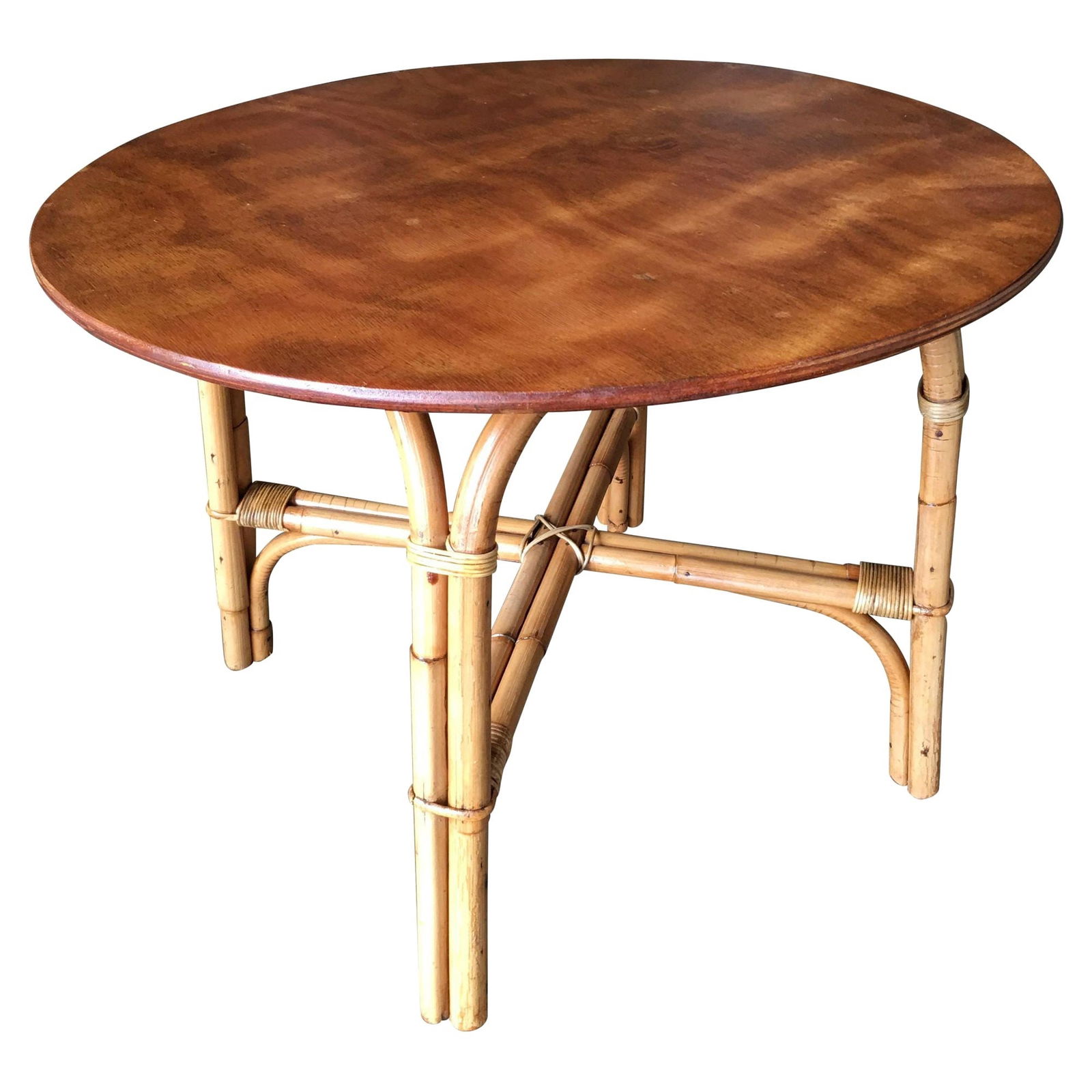 Restored Vintage Large 31" Round "X" Base Rattan Coffee Table With Oak Top: Title: Restored Vintage Large 31" Round "X" Base Rattan Coffee Table With Oak Top Description: This beautifully restored Paul Frankl-inspired rattan blends vintage charm with modern comfort. It is a r