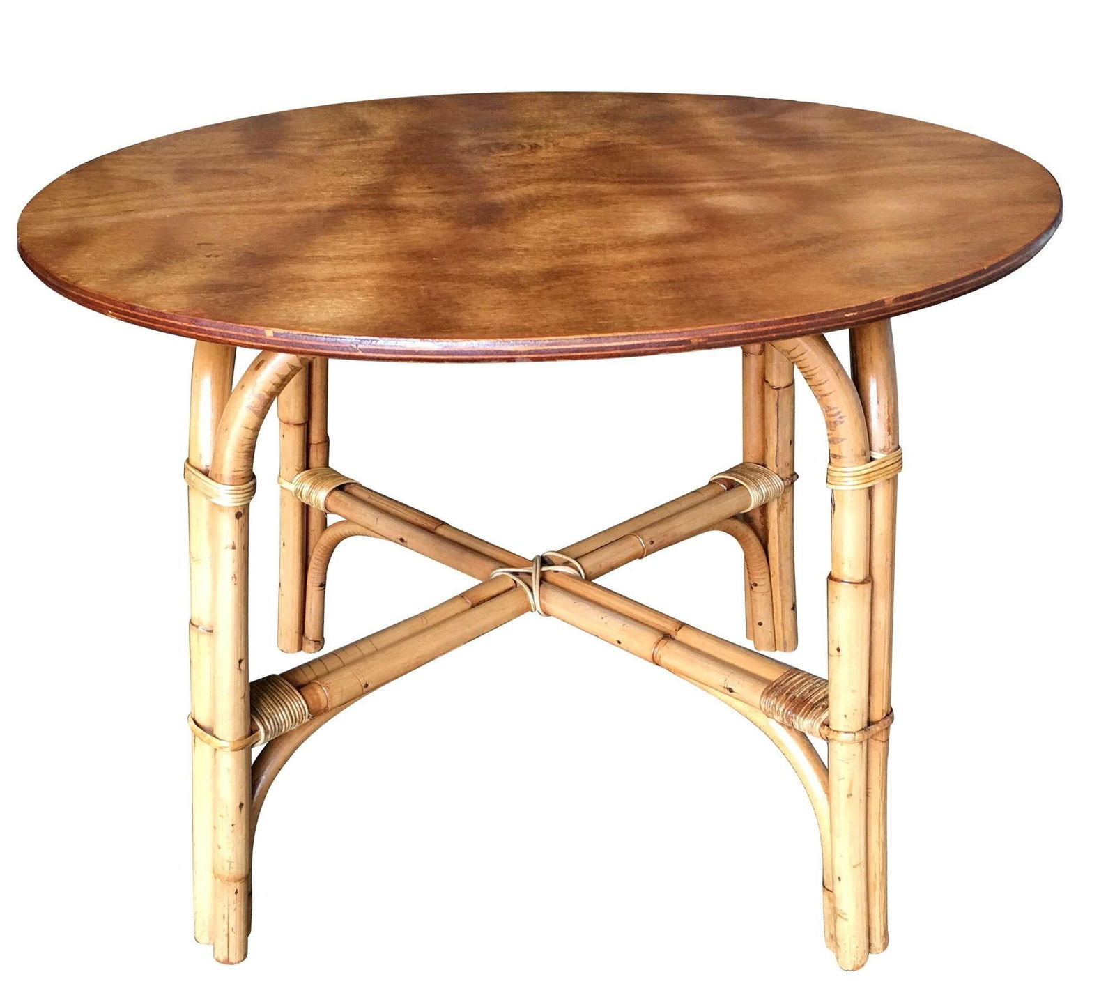 Restored Vintage Large 31" Round "X" Base Rattan Coffee Table With Oak Top - 3