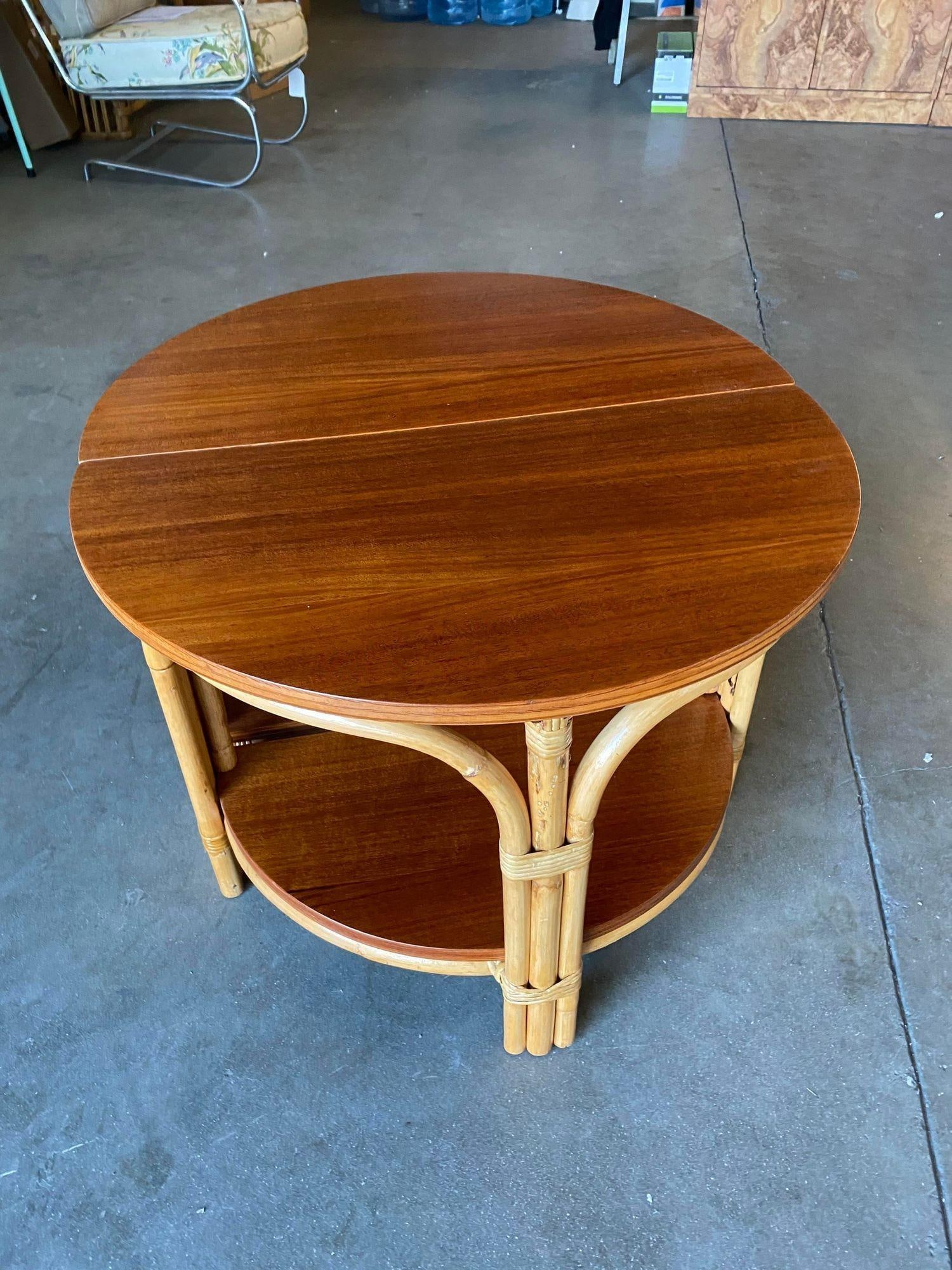 Restored "Half-Round" Side Rattan Coffee Table Pair with Solid Mahogany Top - 5