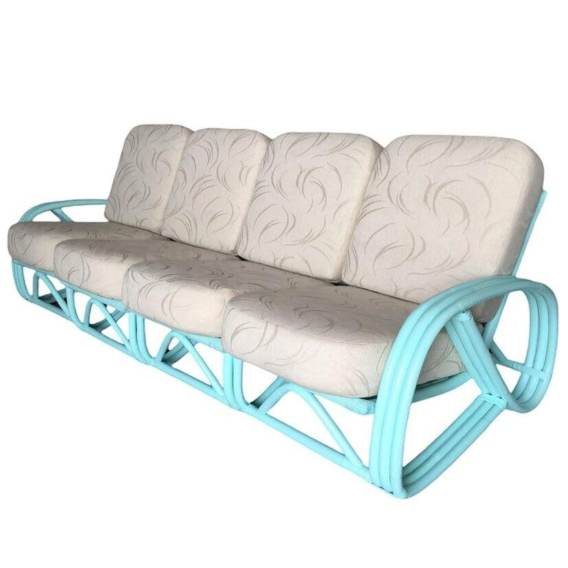 Restored Teal Mid-century 3/4 Pretzel Rattan 4-Seater Sectional Sofa - 10