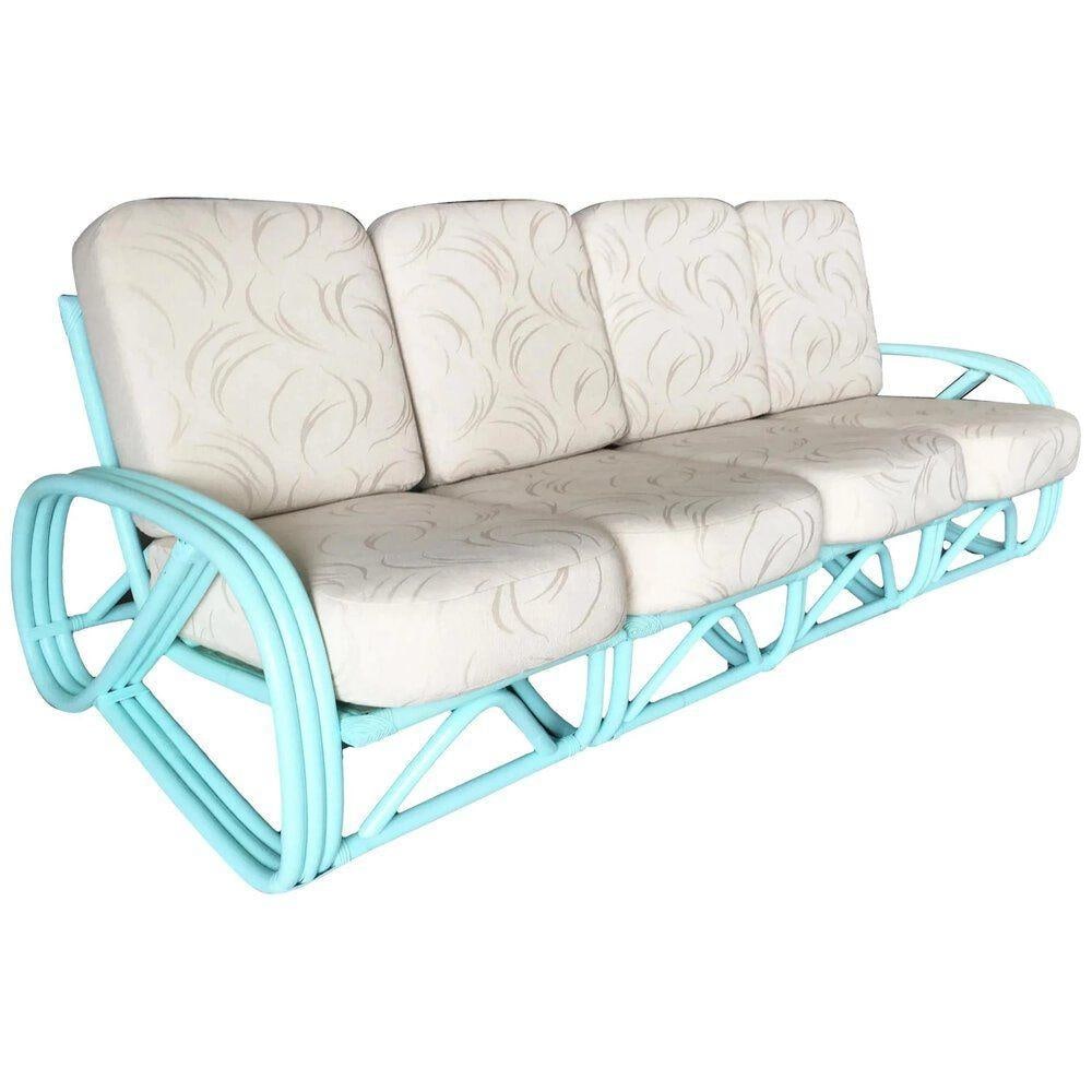 Restored Teal Mid-century 3/4 Pretzel Rattan 4-Seater Sectional Sofa - 17