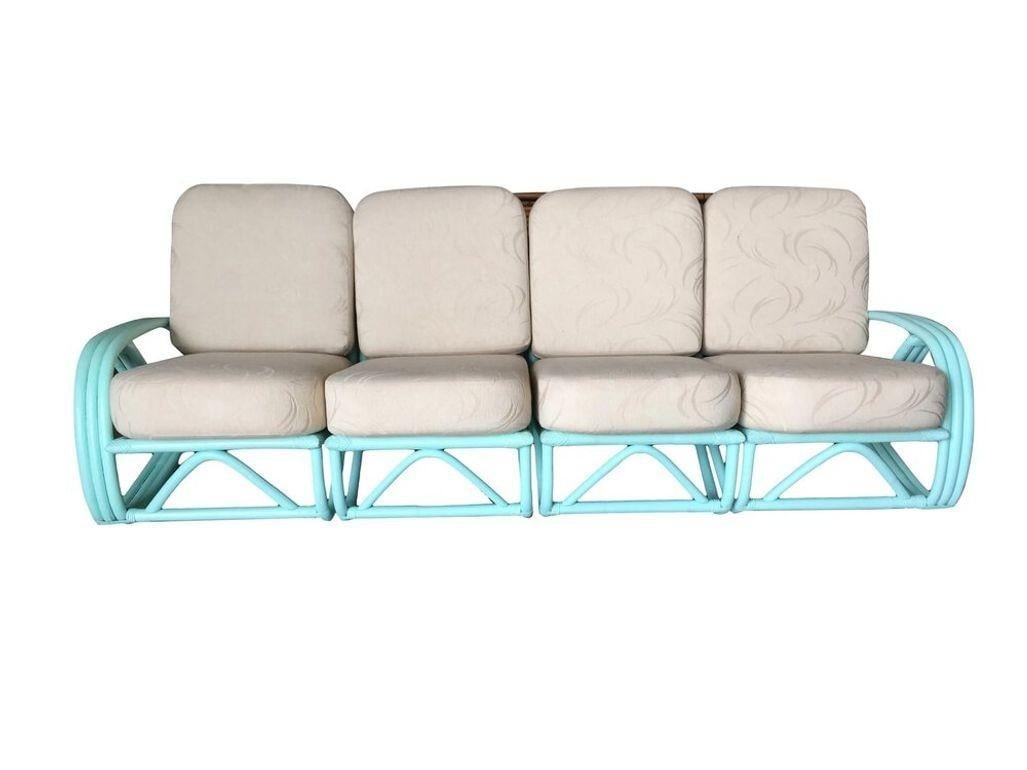 Restored Teal Mid-century 3/4 Pretzel Rattan 4-Seater Sectional Sofa - 18