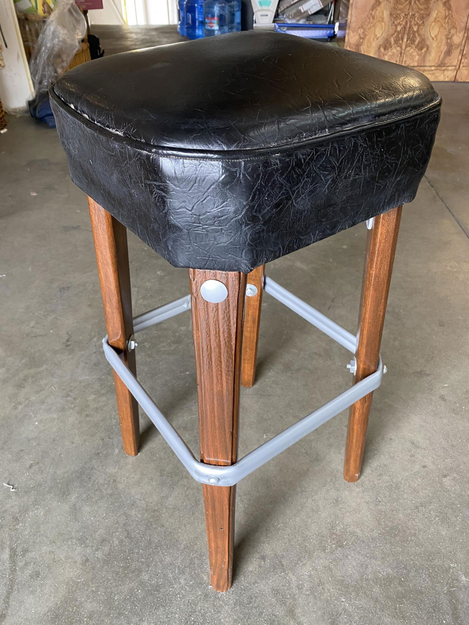 Modernist Steel Studded Knife Leg Bar Stool w/ Black Top Circa 1970, Pair - 12