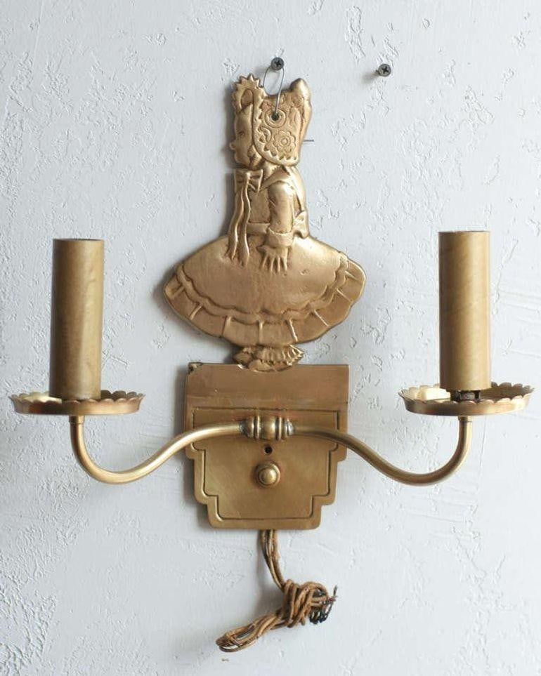 Bronze Electric Candelabra Wall Sconce with Girl in Bonnet, Pair - 2