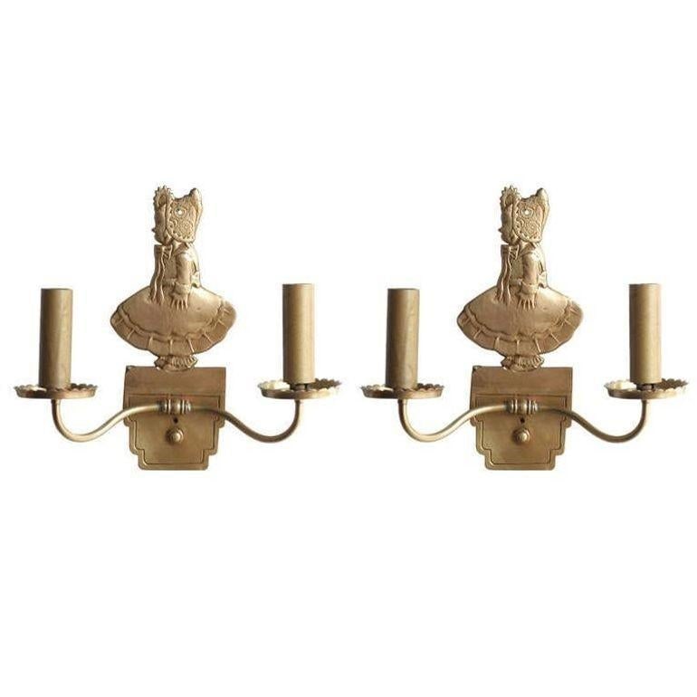 Bronze Electric Candelabra Wall Sconce with Girl in Bonnet, Pair - 6