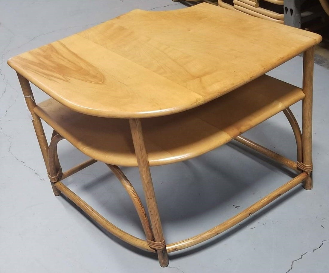 Restored Mid Century Maple and Faux Rattan Corner Table by Heywood Wakefield - 17