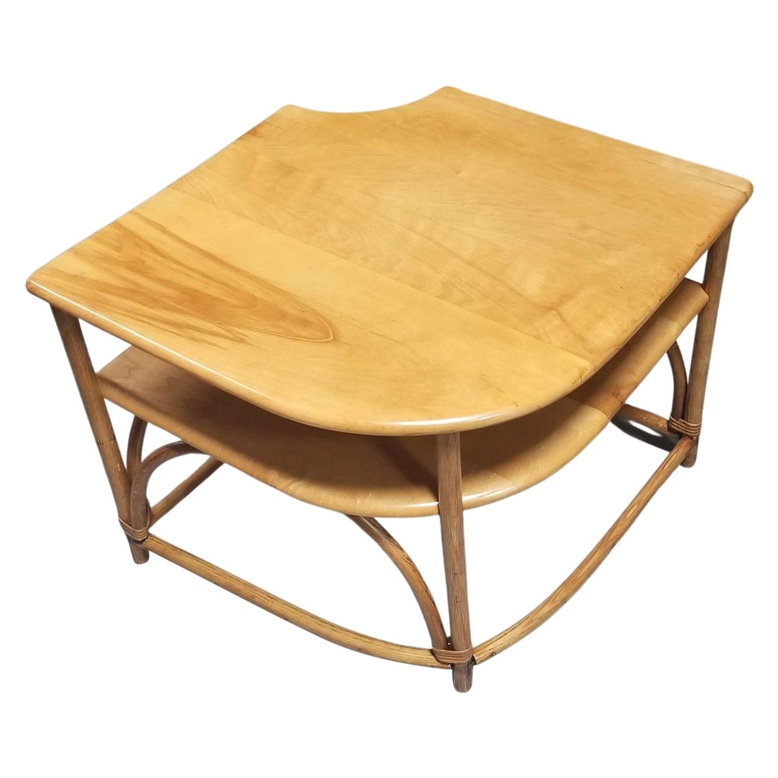 Restored Mid Century Maple and Faux Rattan Corner Table by Heywood Wakefield - 7