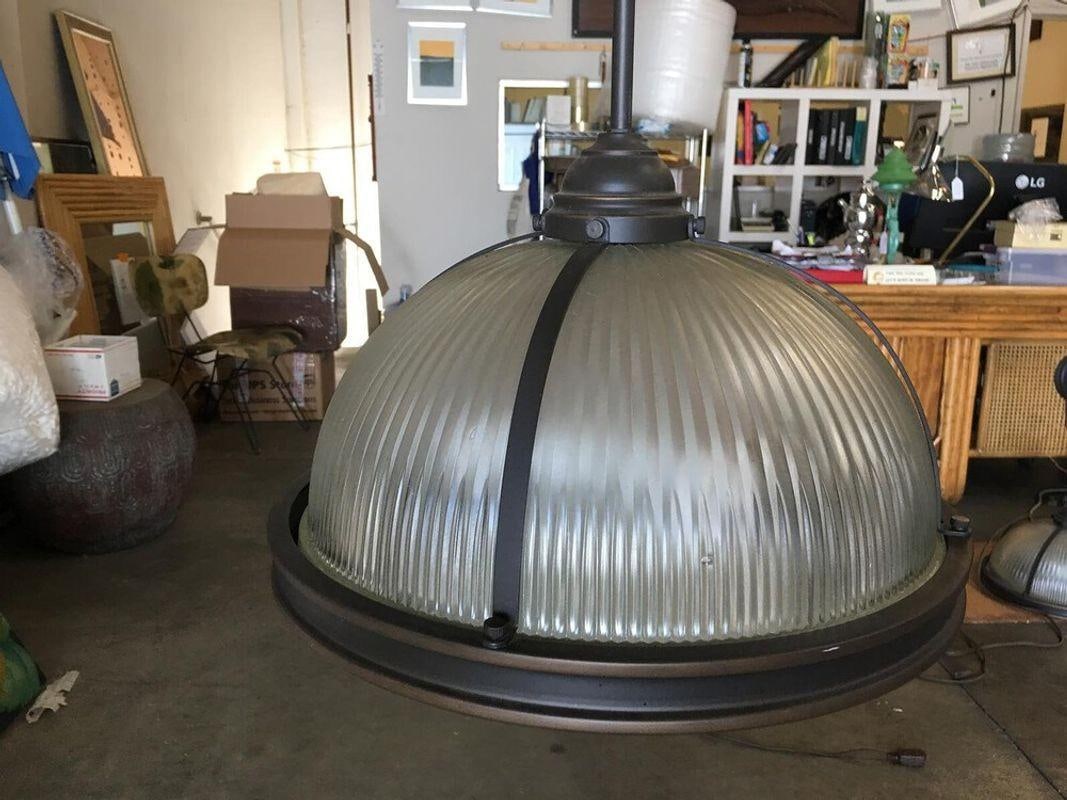 Industrial Ribbed Pendant Lamp Holophane Style Pair - 12