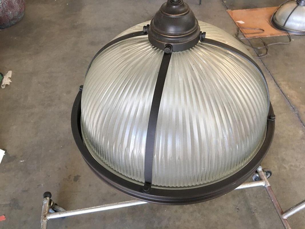 Industrial Ribbed Pendant Lamp Holophane Style Pair - 16