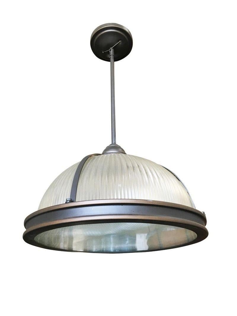 Industrial Ribbed Pendant Lamp Holophane Style Pair - 18