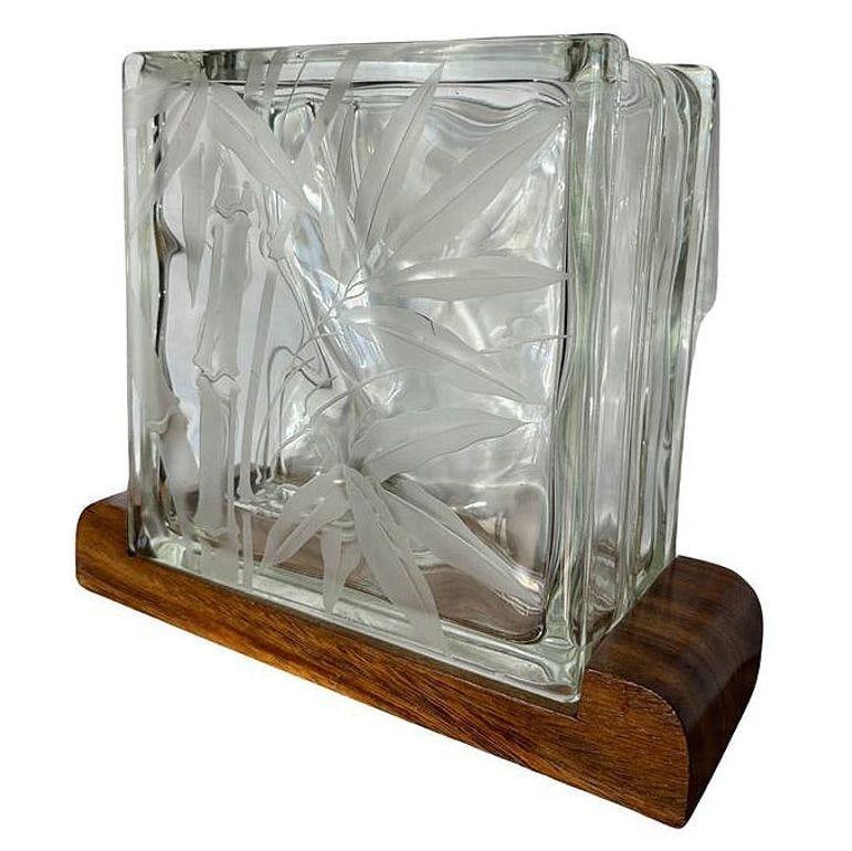 Mid-century Hawaiian Acid Etched Bamboo Glass Block Vase w/ Monkey Pod Wood Base - 13