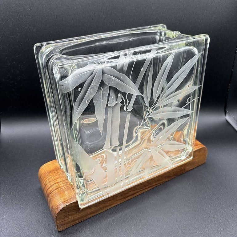 Mid-century Hawaiian Acid Etched Bamboo Glass Block Vase w/ Monkey Pod Wood Base - 3