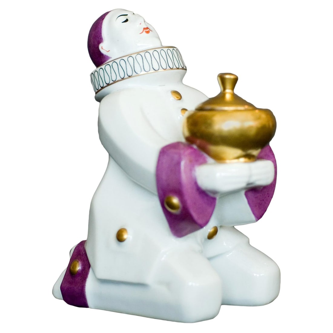 French Harlequin Ceramic Ink and Pen Stand by Aladin: Title: French Harlequin Ceramic Ink and Pen Stand by Aladin Description: A lovely French Harlequin ceramic ink and pen holder by Aladin. The white ceramic piece features purple and gold accents
