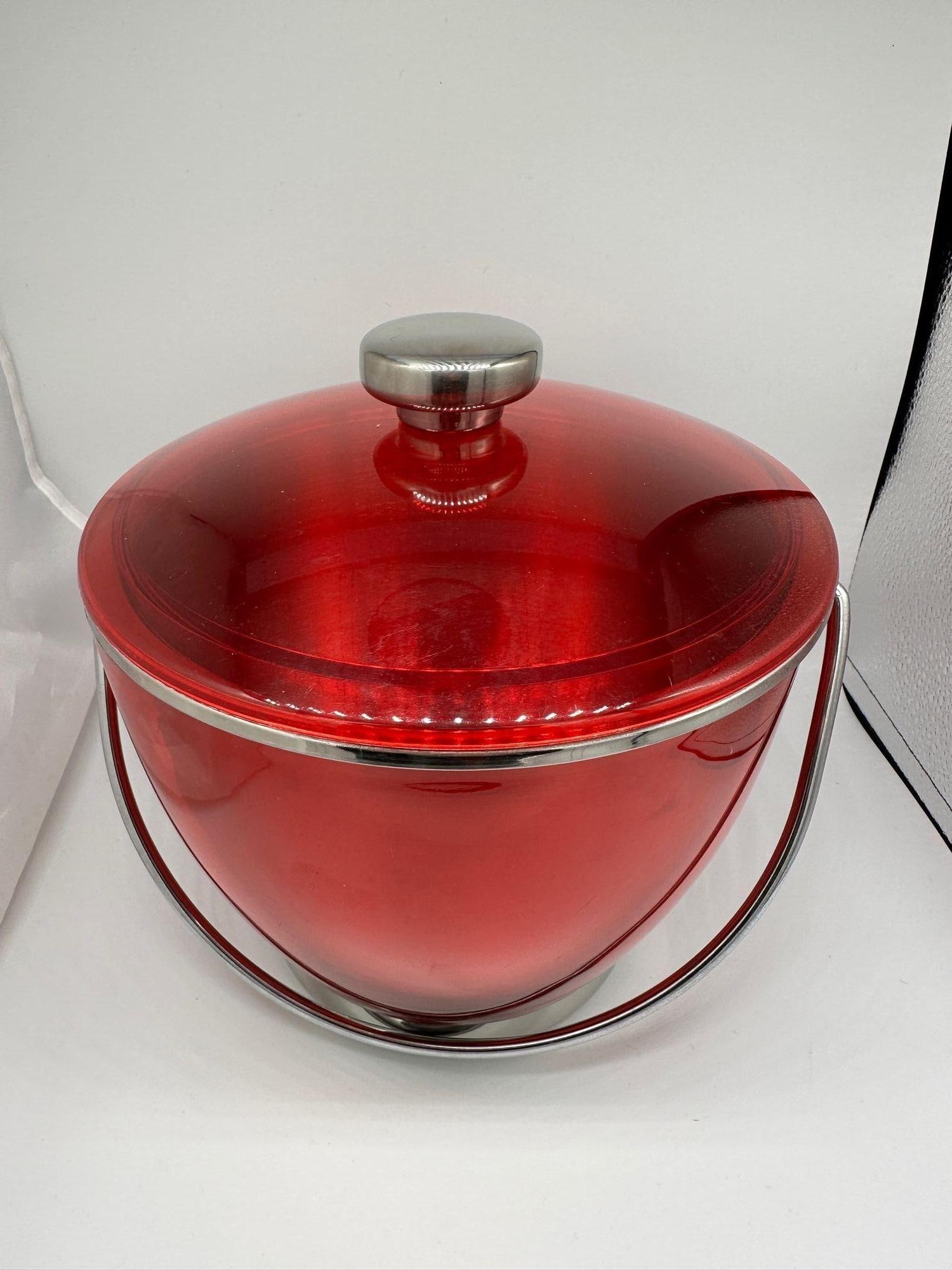 Mid-century Red Acrylic & Stainless Steel Ice Bucket - 16
