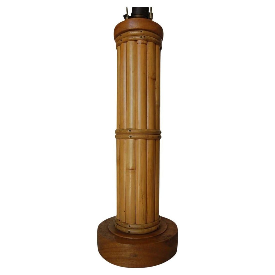 Restored Round Split Rattan Table Lamp W/ Carved Wood Base & Wrappings - 15