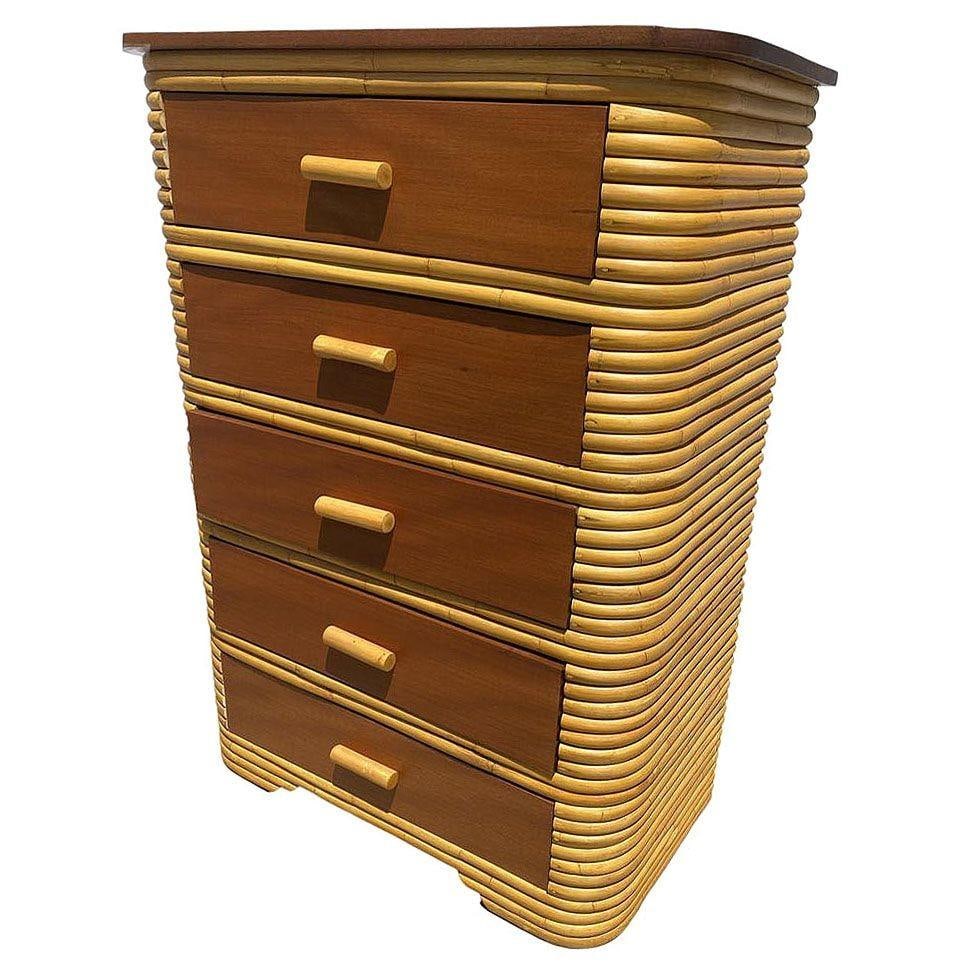 Restored Art Deco Stacked Rattan Highboy Dresser w/ Mahogany - 17