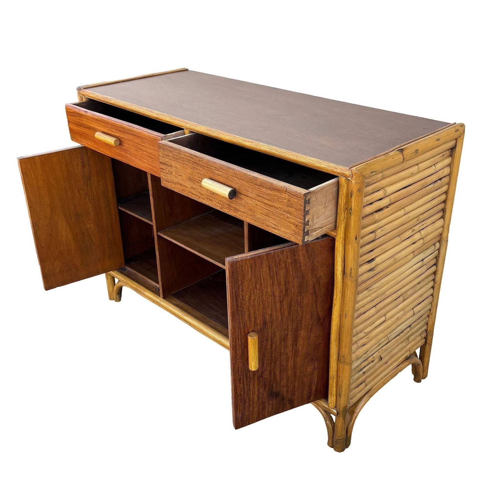 Restored Early Mid-century Stacked Rattan Credenza TV Stand w/ Mahogany Top - 11