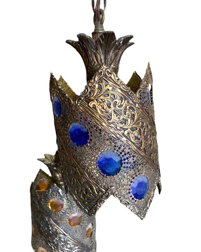 Hollywood Regency Jewel Prisms Filigree 5 Light Hanging Chandelier, Circa 1950 - 12