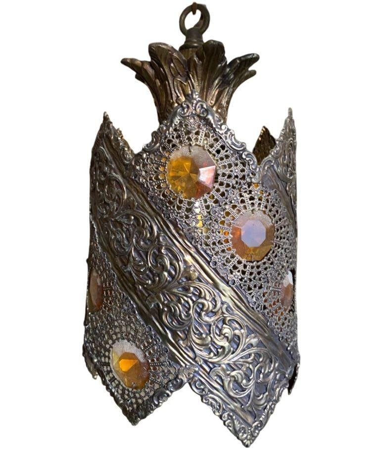 Hollywood Regency Jewel Prisms Filigree 5 Light Hanging Chandelier, Circa 1950 - 13